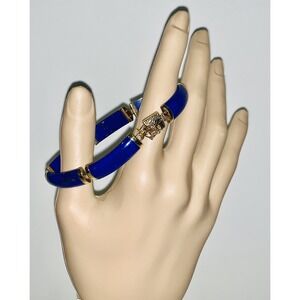 Vintage 14k Natural Lapis Lazuli Hinged Link Bangle Bracelet Dragon Clasp 7"